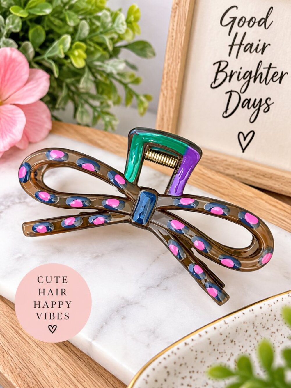 Brown Bow Hair Clip Pink Polka Dot Statement Y2K 5"